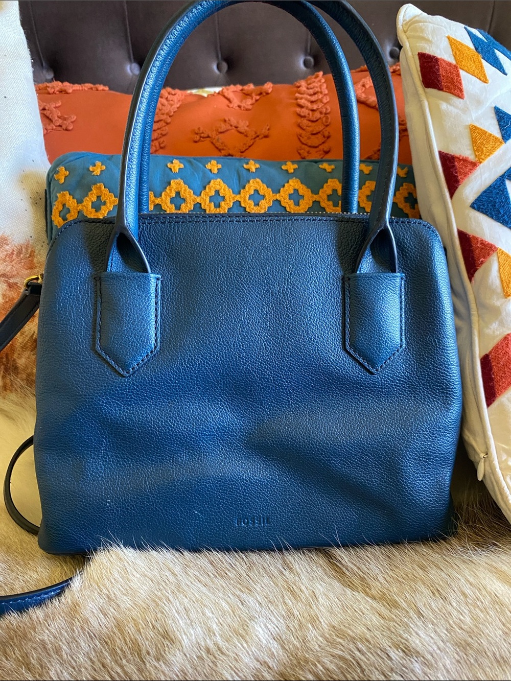Fossil Pebbled Leather Satchel - Blue